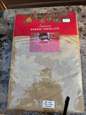 Damask Gold Oblong Holiday Poinsettia Tablecloth 52 x 70 inches